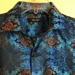 Hi-Tie Luxury Gold Men’s Paisley Floral Silk Shirt, size XL